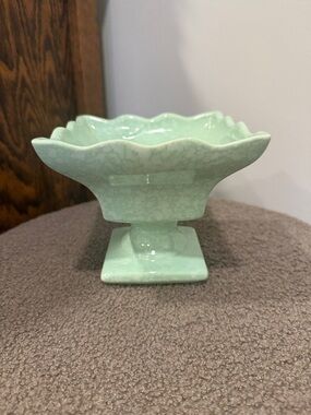 Vintage Imperial Glass Green Slag Compote Pedestal Bowl Scalloped Candy Dish USA